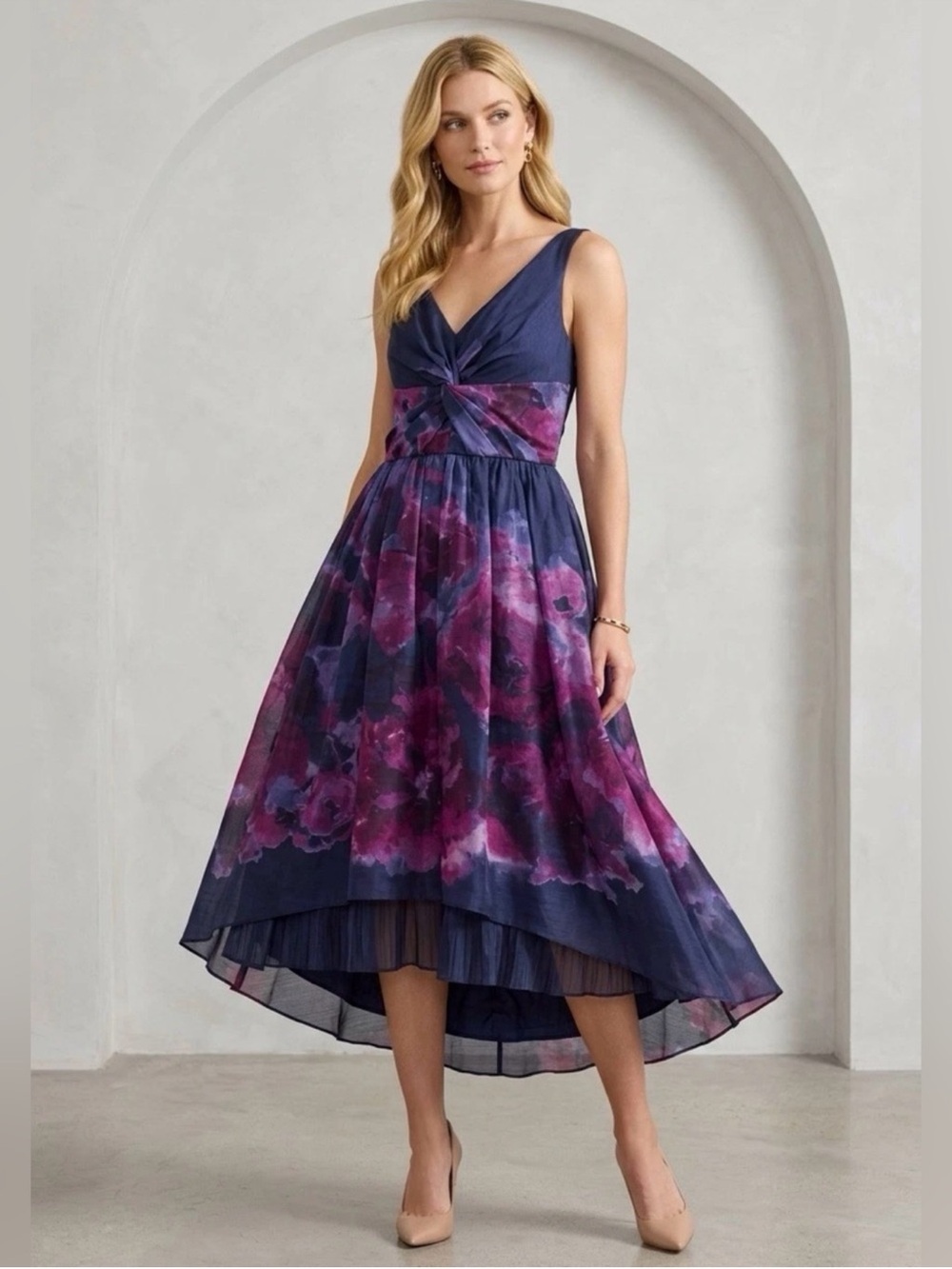Lela Rose by Neiman Marcus Navy Purple Floral High-Low V-Neck Dress - Size 14